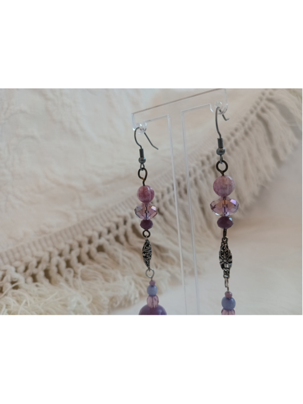 Slender Purple crystal Beaded Dangle Earrings long silver colorful coquette vibe - Picture 3 of 7